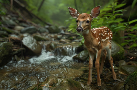Curious deer standing in forest streamの素材