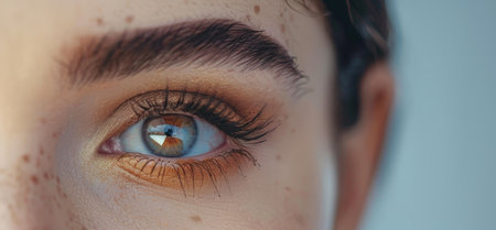 Closeup of a blue eye with long eyelashes and eyebrowの素材
