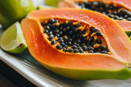 Delicious papaya fruit sliced open and ready to eatの素材