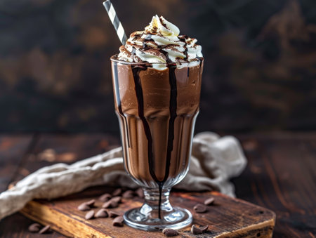 Delicious chocolate milkshake with whipped cream and chocolate shavingsの素材