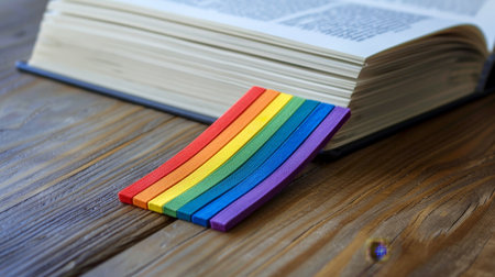 rainbow colored wooden sticks on open bookの素材