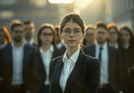 Confident young woman in business attire leading a groupの素材