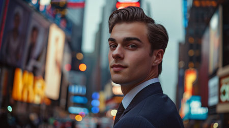 Dapper young man in suit standing in city at nightの素材