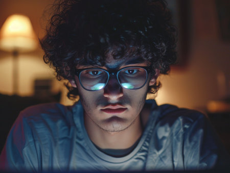 Thoughtful young man with curly hair and glassesの素材