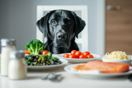 black dog looking at healthy foodの素材