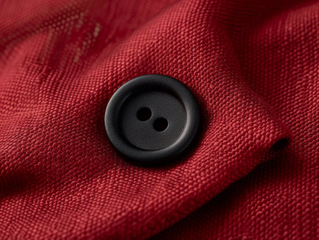 close-up of a black button on a red fabricの素材