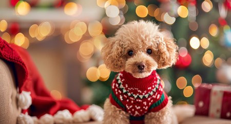 cute poodle dog wearing festive christmas sweaterの素材