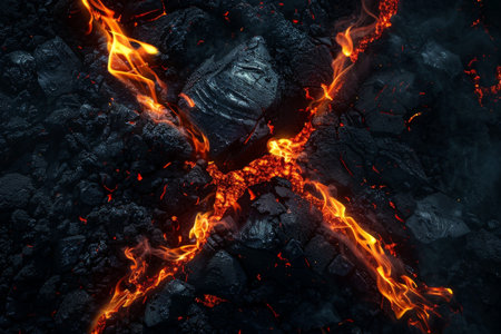 Fiery volcanic eruption with glowing lava and smokeの素材