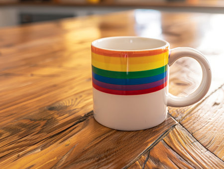 Colorful coffee mug on wooden tableの素材