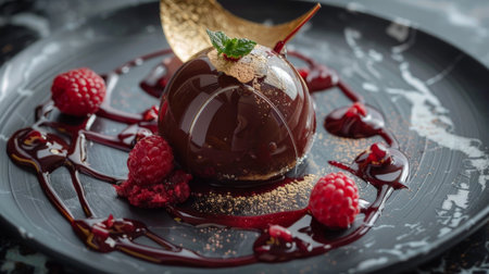 Decadent chocolate dessert with fresh raspberriesの素材