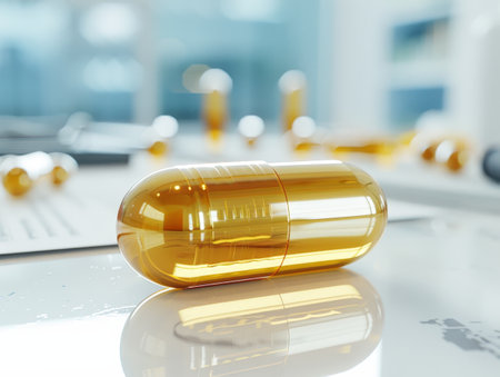 Closeup view of a large yellow medical capsule on a reflective surfaceの素材