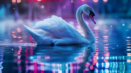 Elegant swan swimming in colorful waterの素材