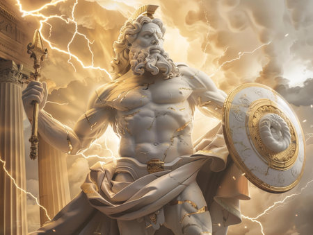 Powerful greek god statue in dramatic stormy skyの素材