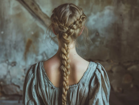 Braided hairstyle on a woman in an old-fashioned dressの素材