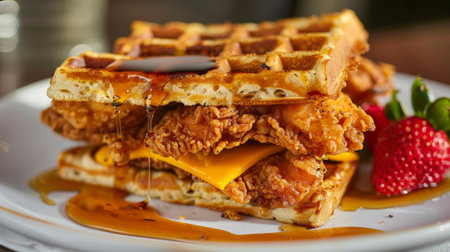 Delicious fried chicken and waffles with maple syrupの素材