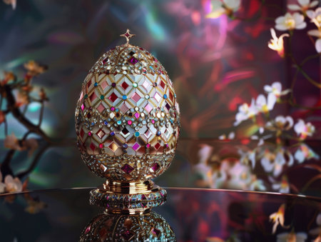 Ornate jeweled easter egg on reflective surfaceの素材