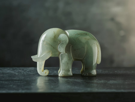 Carved jade elephant figurine on dark backgroundの素材