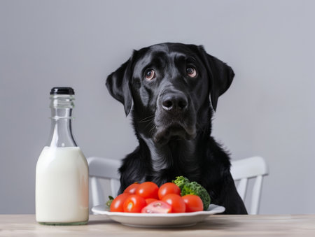 black dog with vegetables and milk bottleの素材
