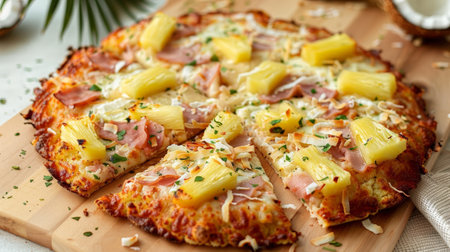 Delicious Hawaiian-style pizza with pineapple and hamの素材
