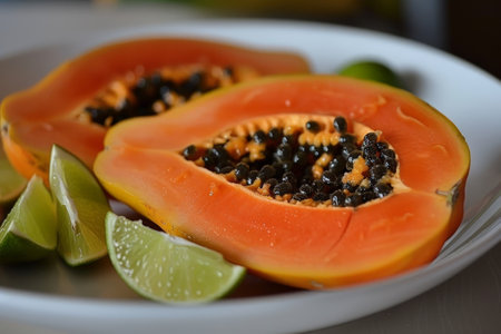 Sliced papaya with lime wedgesの素材