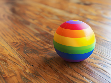 Colorful striped ball on wooden floorの素材