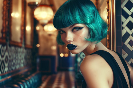 woman with vibrant teal hair and dark makeupの素材
