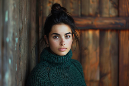 Thoughtful woman in green sweaterの素材