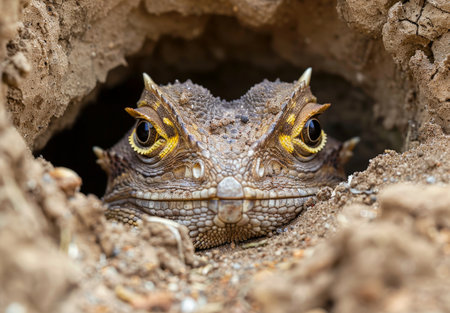 close-up of a camouflaged lizard peeking out from a rocky creviceの素材