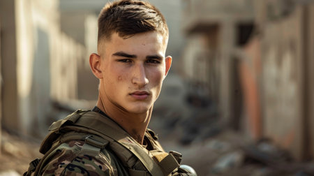 Serious young soldier in military uniformの素材