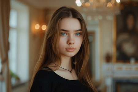 Thoughtful young woman with long brown hairの素材