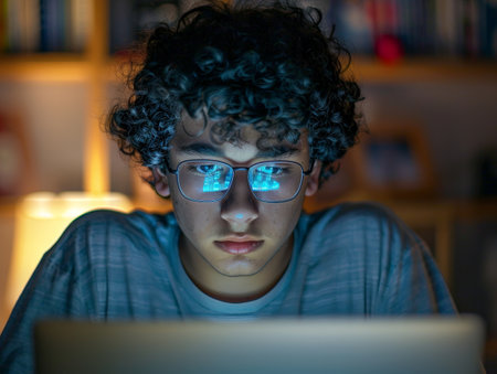 young man with curly hair using laptop at nightの素材