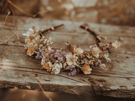 Rustic dried flower arrangement on weathered woodの素材