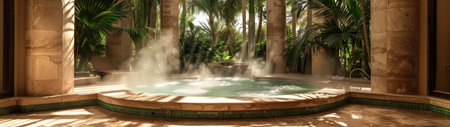 tropical oasis with steaming hot tubの素材