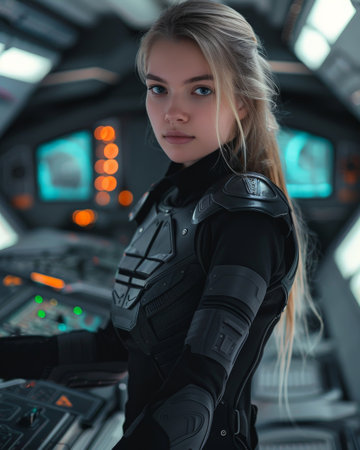 futuristic woman in black armor operating advanced control panelの素材