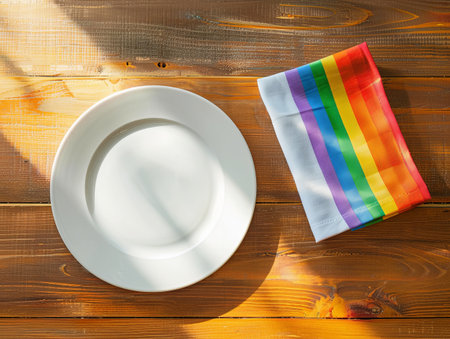 empty plate and rainbow napkin on wooden tableの素材