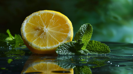 Refreshing lemon slice with mint leaves on waterの素材