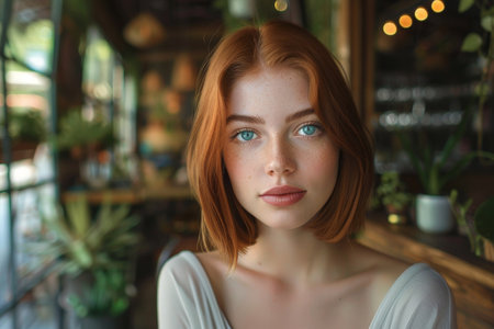 Thoughtful young woman with red hair and blue eyesの素材
