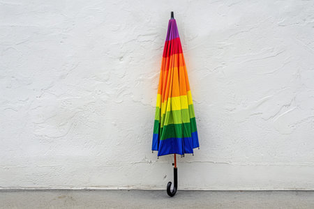 Colorful umbrella against a white wallの素材