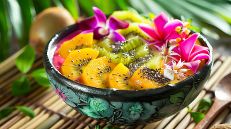 Colorful tropical fruit salad in a decorative bowlの素材
