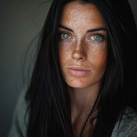 Pensive woman with freckles and green eyesの素材