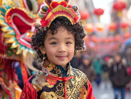 smiling child in colorful traditional costumeの素材