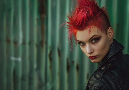 Edgy punk rock woman with vibrant red hairの素材