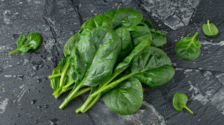 fresh green spinach leaves on dark backgroundの素材