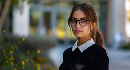 young woman wearing glasses in natureの素材
