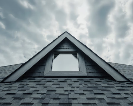 Dramatic cloudy sky over a dark gabled roofの素材