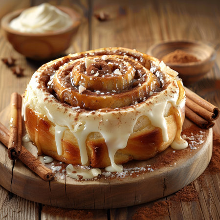 Delicious homemade cinnamon roll with caramel glazeの素材
