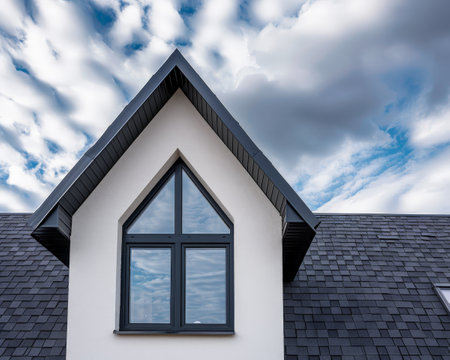 modern architectural design with triangular roof and windowsの素材