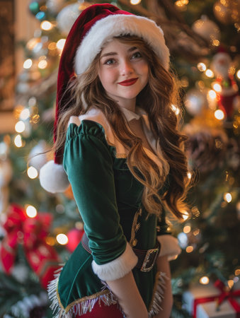 smiling woman in christmas outfit in front of christmas treeの素材