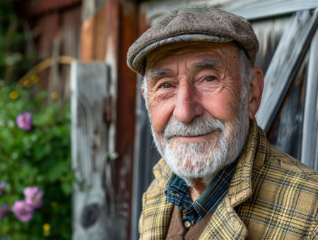 Elderly man with beard and hat standing in front of wooden buildingの素材
