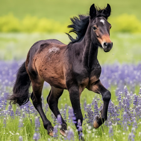Beautiful black horse running through a field of purple flowersの素材